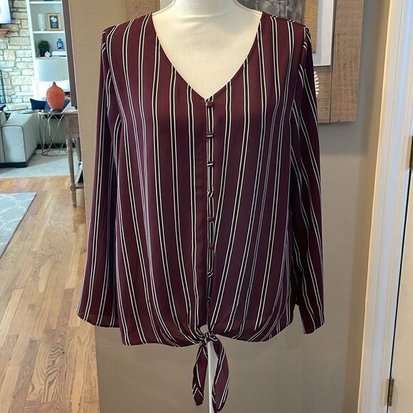 Evereve Allison Joy Maroon Stripe Tie Front Blouse - Picture 2 of 8
